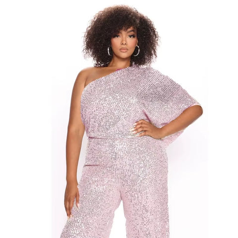 New Sequin Sexy Oblique Neck Sleeveless Slim High Waist Long Straight Pant Jumpsuit CODE: KAR3455