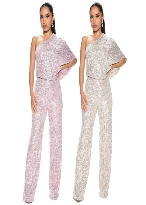 New Sequin Sexy Oblique Neck Sleeveless Slim High Waist Long Straight Pant Jumpsuit CODE: KAR3455