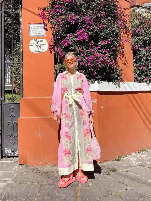 New Casual Lantern Sleeve Single Breasted Split Robe Printed Contrast Loose Maxi Dress CODE: KAR3457