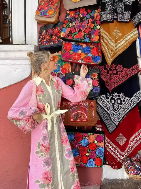 New Casual Lantern Sleeve Single Breasted Split Robe Printed Contrast Loose Maxi Dress CODE: KAR3457