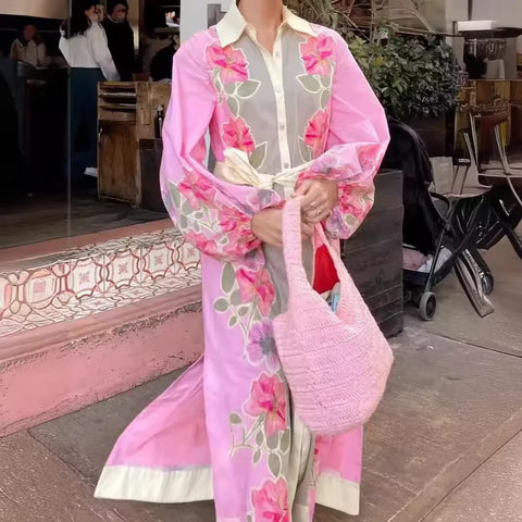 New Casual Lantern Sleeve Single Breasted Split Robe Printed Contrast Loose Maxi Dress CODE: KAR3457