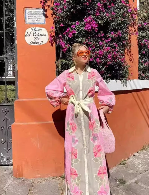New Casual Lantern Sleeve Single Breasted Split Robe Printed Contrast Loose Maxi Dress CODE: KAR3457