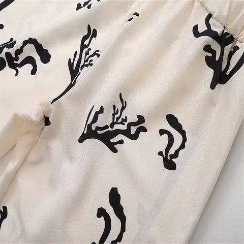 New Elegant Print Casual Spring Lapel Long Sleeve Shirt Wide Leg Trouser Soft Set CODE: KAR3458