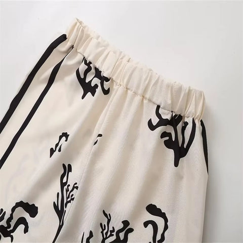 New Elegant Print Casual Spring Lapel Long Sleeve Shirt Wide Leg Trouser Soft Set CODE: KAR3458