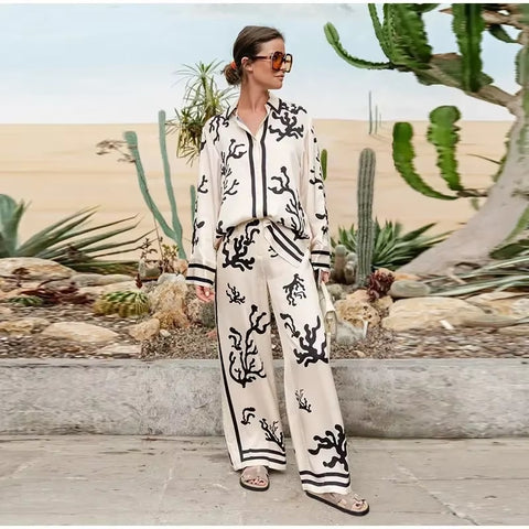 New Elegant Print Casual Spring Lapel Long Sleeve Shirt Wide Leg Trouser Soft Set CODE: KAR3458