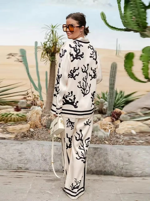 New Elegant Print Casual Spring Lapel Long Sleeve Shirt Wide Leg Trouser Soft Set CODE: KAR3458