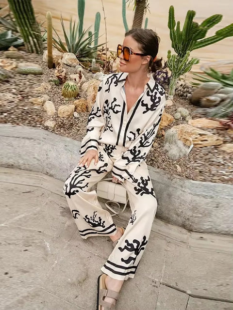 New Elegant Print Casual Spring Lapel Long Sleeve Shirt Wide Leg Trouser Soft Set CODE: KAR3458