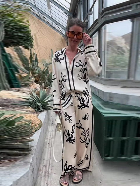 New Elegant Print Casual Spring Lapel Long Sleeve Shirt Wide Leg Trouser Soft Set CODE: KAR3458