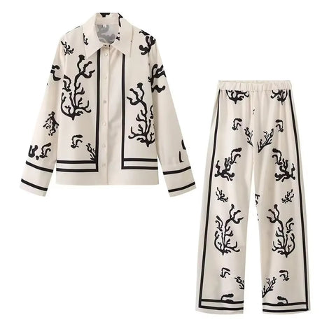 New Elegant Print Casual Spring Lapel Long Sleeve Shirt Wide Leg Trouser Soft Set CODE: KAR3458