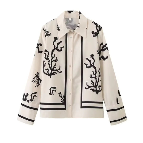 New Elegant Print Casual Spring Lapel Long Sleeve Shirt Wide Leg Trouser Soft Set CODE: KAR3458