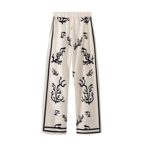 New Elegant Print Casual Spring Lapel Long Sleeve Shirt Wide Leg Trouser Soft Set CODE: KAR3458