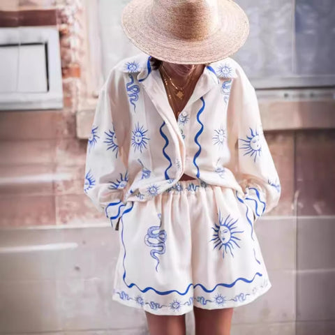 New Summer Print Casual Versatile Cardigan Top Loose Shorts Two-piece Set CODE: KAR3459
