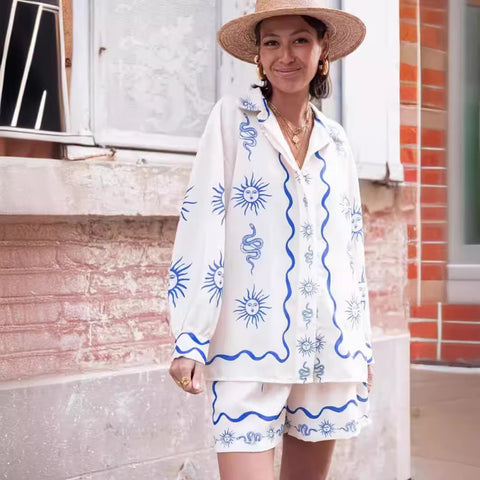 New Summer Print Casual Versatile Cardigan Top Loose Shorts Two-piece Set CODE: KAR3459