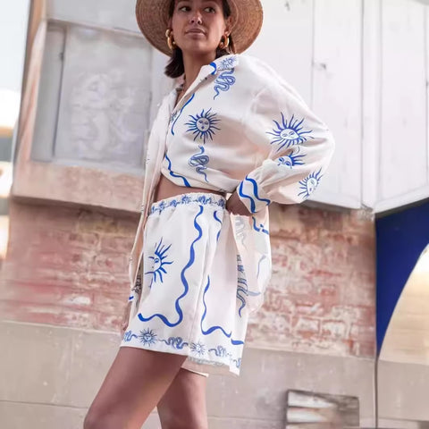 New Summer Print Casual Versatile Cardigan Top Loose Shorts Two-piece Set CODE: KAR3459
