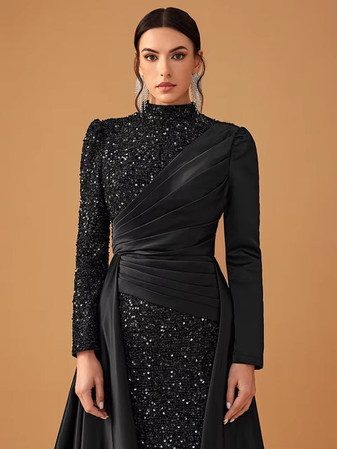 New Fashion Long Sleeve O Neck High Waist Sequins Ball Cocktail Prom Maxi Dress CODE: KAR3460