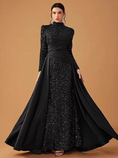 New Fashion Long Sleeve O Neck High Waist Sequins Ball Cocktail Prom Maxi Dress CODE: KAR3460