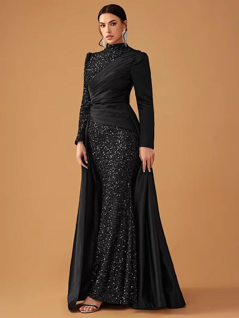 New Fashion Long Sleeve O Neck High Waist Sequins Ball Cocktail Prom Maxi Dress CODE: KAR3460