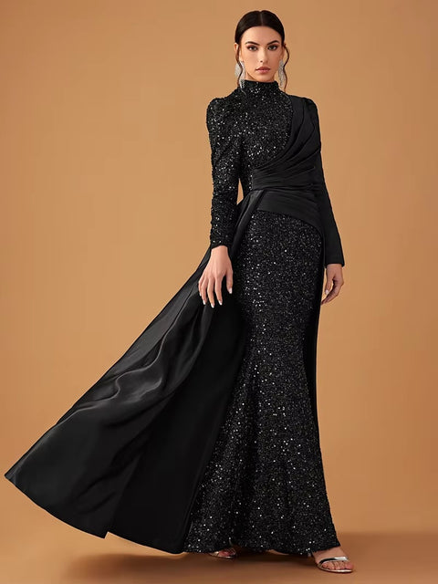 New Fashion Long Sleeve O Neck High Waist Sequins Ball Cocktail Prom Maxi Dress CODE: KAR3460