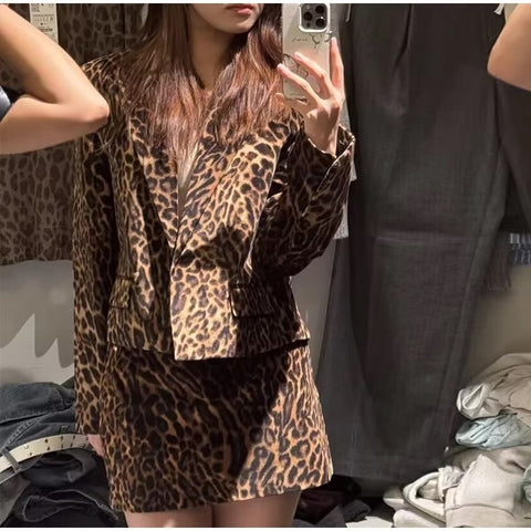 New Leopard Print Single Breasted Notched Short Coat Mini Skirt 2 Piece Set CODE: KAR3463
