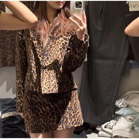 New Leopard Print Single Breasted Notched Short Coat Mini Skirt 2 Piece Set CODE: KAR3463