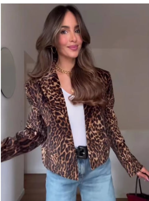 New Leopard Print Single Breasted Notched Short Coat Mini Skirt 2 Piece Set CODE: KAR3463