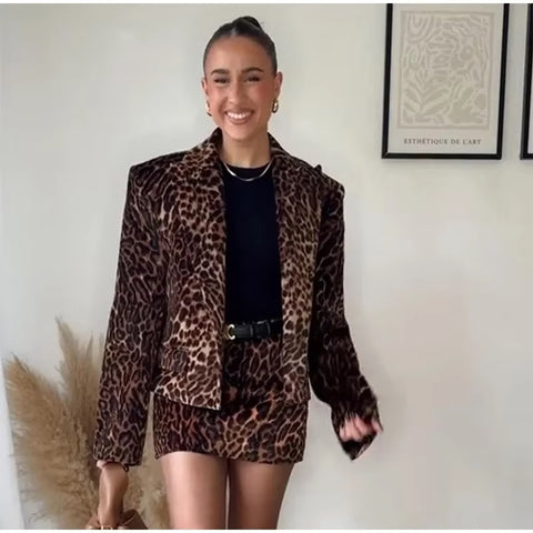 New Leopard Print Single Breasted Notched Short Coat Mini Skirt 2 Piece Set CODE: KAR3463