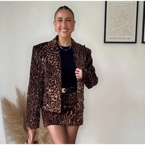 New Leopard Print Single Breasted Notched Short Coat Mini Skirt 2 Piece Set CODE: KAR3463