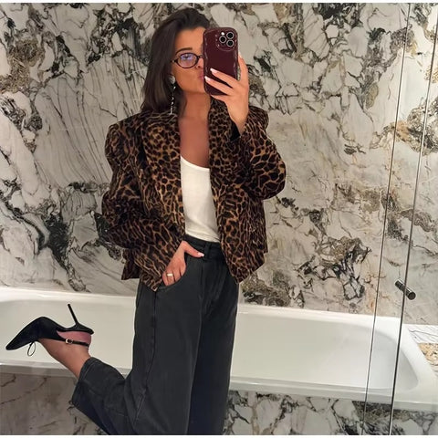 New Leopard Print Single Breasted Notched Short Coat Mini Skirt 2 Piece Set CODE: KAR3463