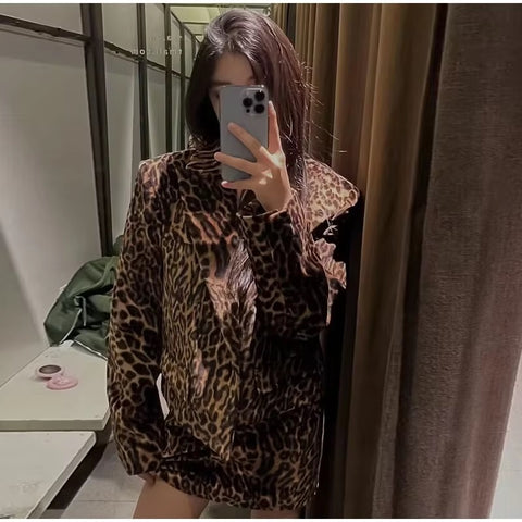 New Leopard Print Single Breasted Notched Short Coat Mini Skirt 2 Piece Set CODE: KAR3463