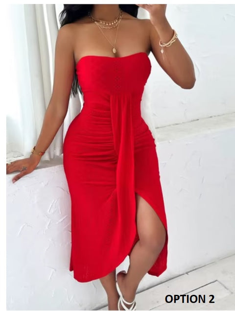 New Sexy Backless Strapless Sleeveless Bandage Ruched Hollow High Slit Bodycon Dress CODE: KAR3466