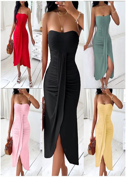 New Sexy Backless Strapless Sleeveless Bandage Ruched Hollow High Slit Bodycon Dress CODE: KAR3466