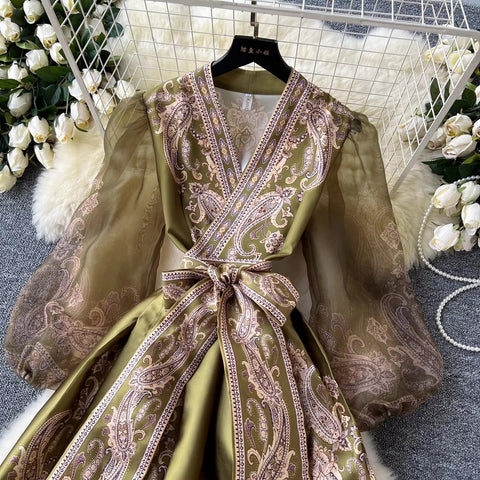 New Paisley Print Bandage Lace Up Wrap Cross V Neck Lantern Sleeve Patchwork Long Dress CODE: KAR3475
