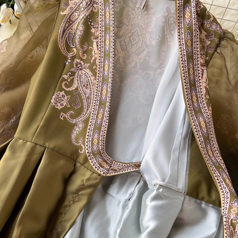 New Paisley Print Bandage Lace Up Wrap Cross V Neck Lantern Sleeve Patchwork Long Dress CODE: KAR3475