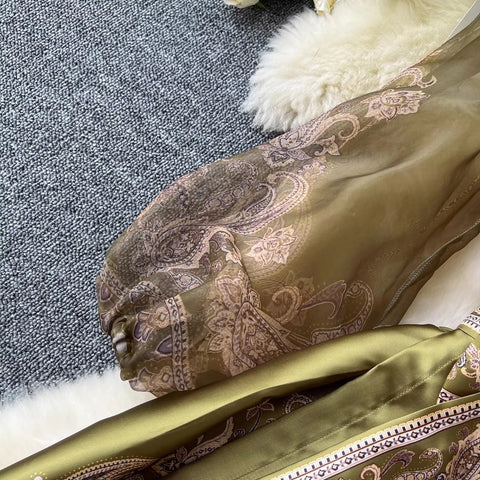 New Paisley Print Bandage Lace Up Wrap Cross V Neck Lantern Sleeve Patchwork Long Dress CODE: KAR3475