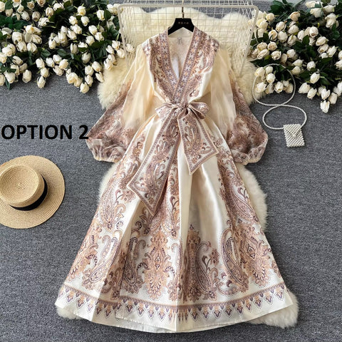 New Paisley Print Bandage Lace Up Wrap Cross V Neck Lantern Sleeve Patchwork Long Dress CODE: KAR3475