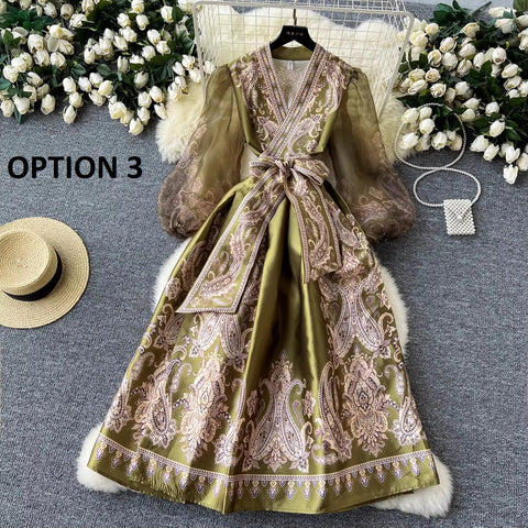 New Paisley Print Bandage Lace Up Wrap Cross V Neck Lantern Sleeve Patchwork Long Dress CODE: KAR3475