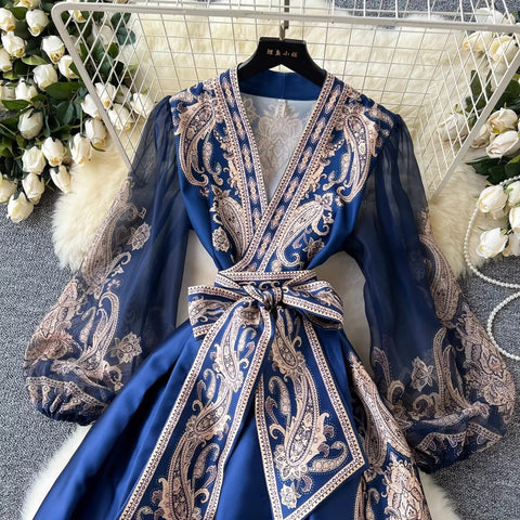 New Paisley Print Bandage Lace Up Wrap Cross V Neck Lantern Sleeve Patchwork Long Dress CODE: KAR3475