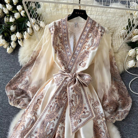 New Paisley Print Bandage Lace Up Wrap Cross V Neck Lantern Sleeve Patchwork Long Dress CODE: KAR3475