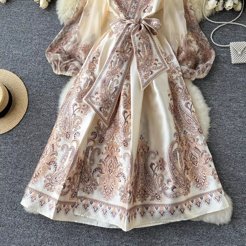 New Paisley Print Bandage Lace Up Wrap Cross V Neck Lantern Sleeve Patchwork Long Dress CODE: KAR3475