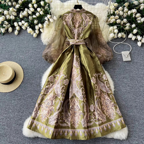 New Paisley Print Bandage Lace Up Wrap Cross V Neck Lantern Sleeve Patchwork Long Dress CODE: KAR3475