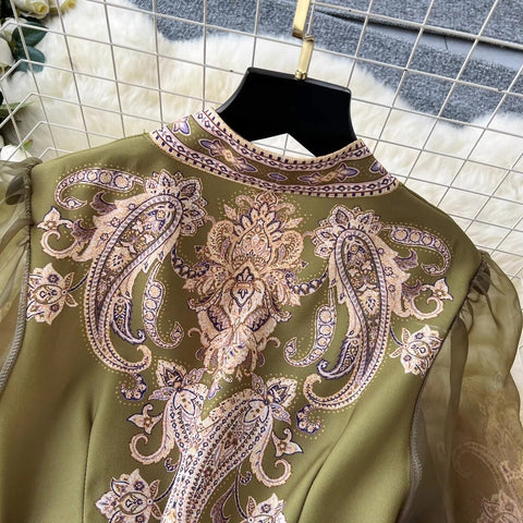 New Paisley Print Bandage Lace Up Wrap Cross V Neck Lantern Sleeve Patchwork Long Dress CODE: KAR3475
