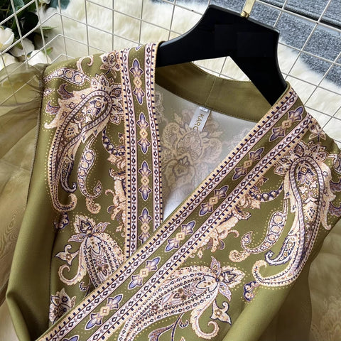 New Paisley Print Bandage Lace Up Wrap Cross V Neck Lantern Sleeve Patchwork Long Dress CODE: KAR3475