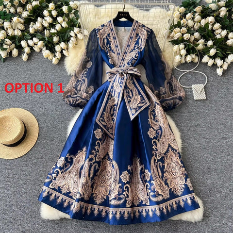New Paisley Print Bandage Lace Up Wrap Cross V Neck Lantern Sleeve Patchwork Long Dress CODE: KAR3475