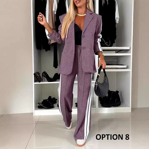New Luxury Loose Suit Vertical Stripes Long Pant Casual Elegant Two-piece Set CODE: KAR3480