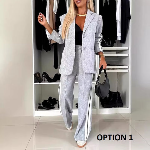 New Luxury Loose Suit Vertical Stripes Long Pant Casual Elegant Two-piece Set CODE: KAR3480