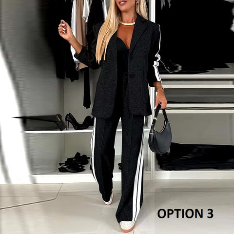 New Luxury Loose Suit Vertical Stripes Long Pant Casual Elegant Two-piece Set CODE: KAR3480