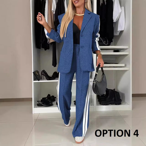 New Luxury Loose Suit Vertical Stripes Long Pant Casual Elegant Two-piece Set CODE: KAR3480