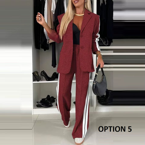 New Luxury Loose Suit Vertical Stripes Long Pant Casual Elegant Two-piece Set CODE: KAR3480