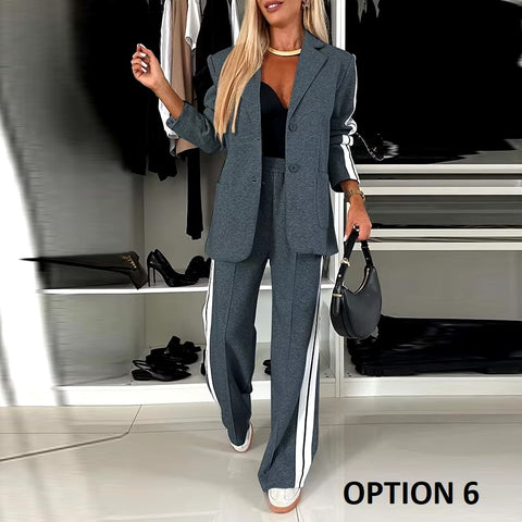 New Luxury Loose Suit Vertical Stripes Long Pant Casual Elegant Two-piece Set CODE: KAR3480