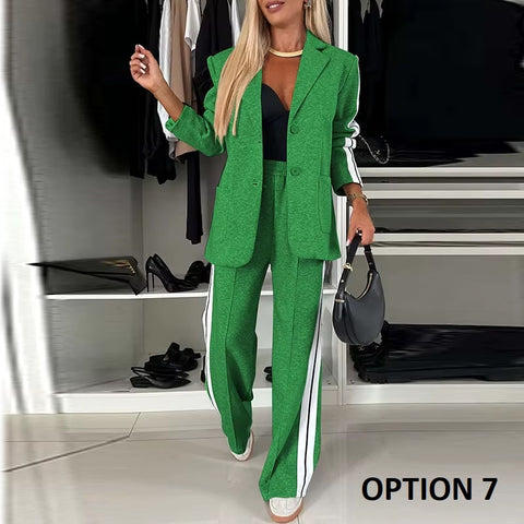 New Luxury Loose Suit Vertical Stripes Long Pant Casual Elegant Two-piece Set CODE: KAR3480